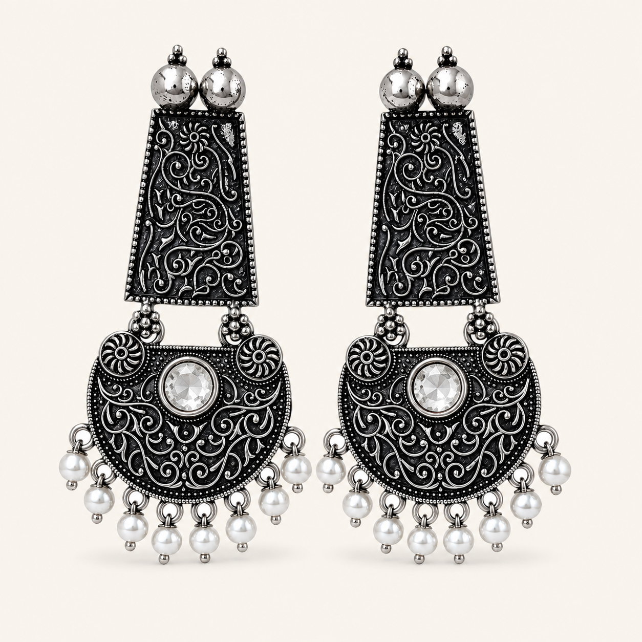 Vintage Filigree White Stone Drop Earrings - Image 4