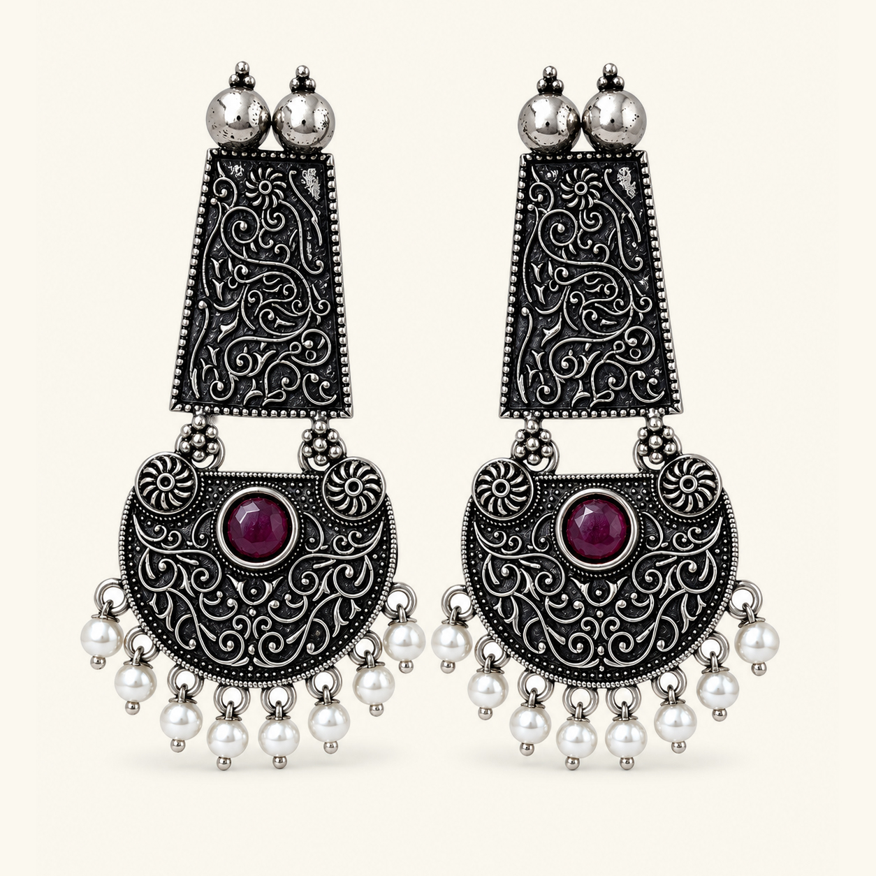 Vintage Filigree Maroon Stone Drop Earrings - Image 4