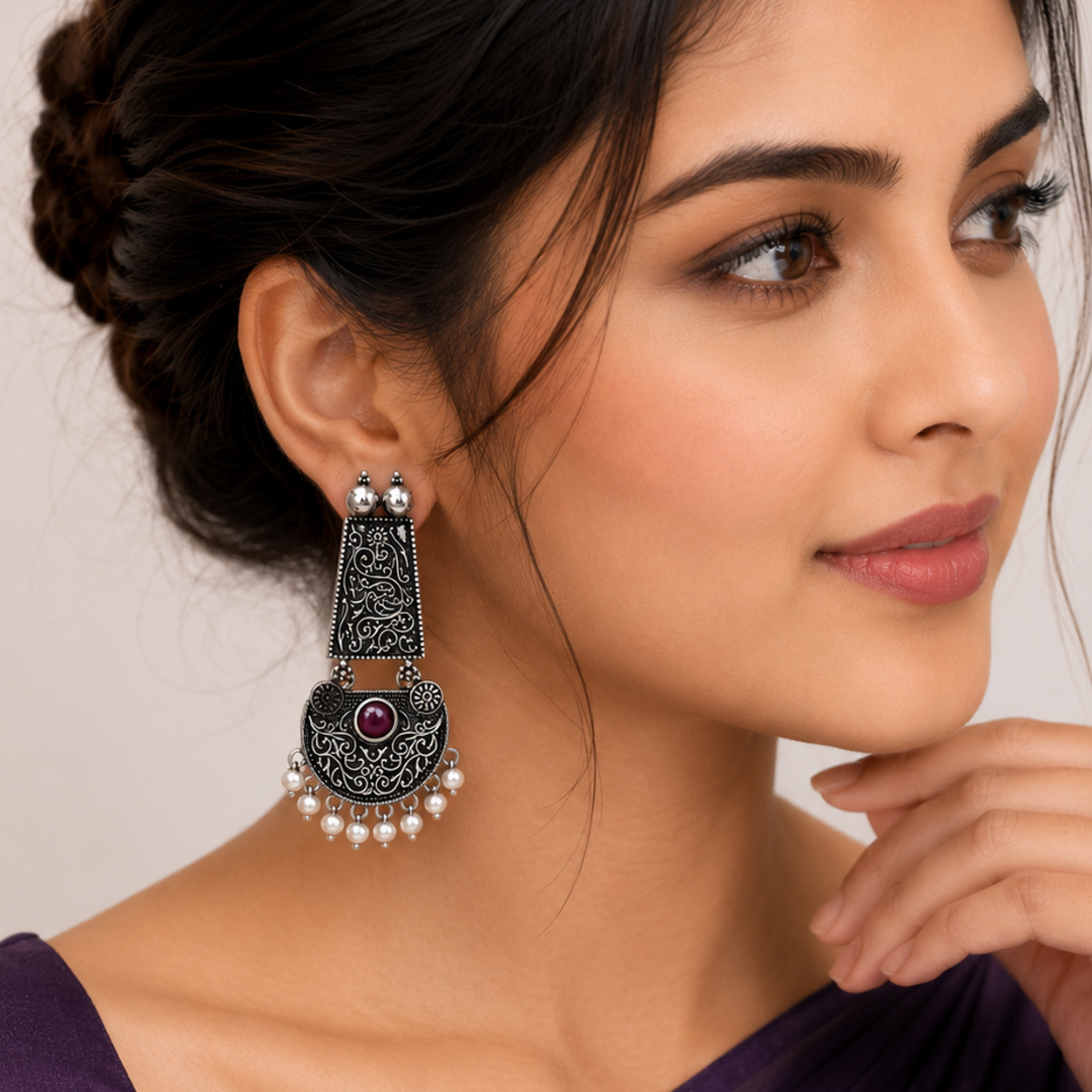 Vintage Filigree Maroon Stone Drop Earrings - Image 3