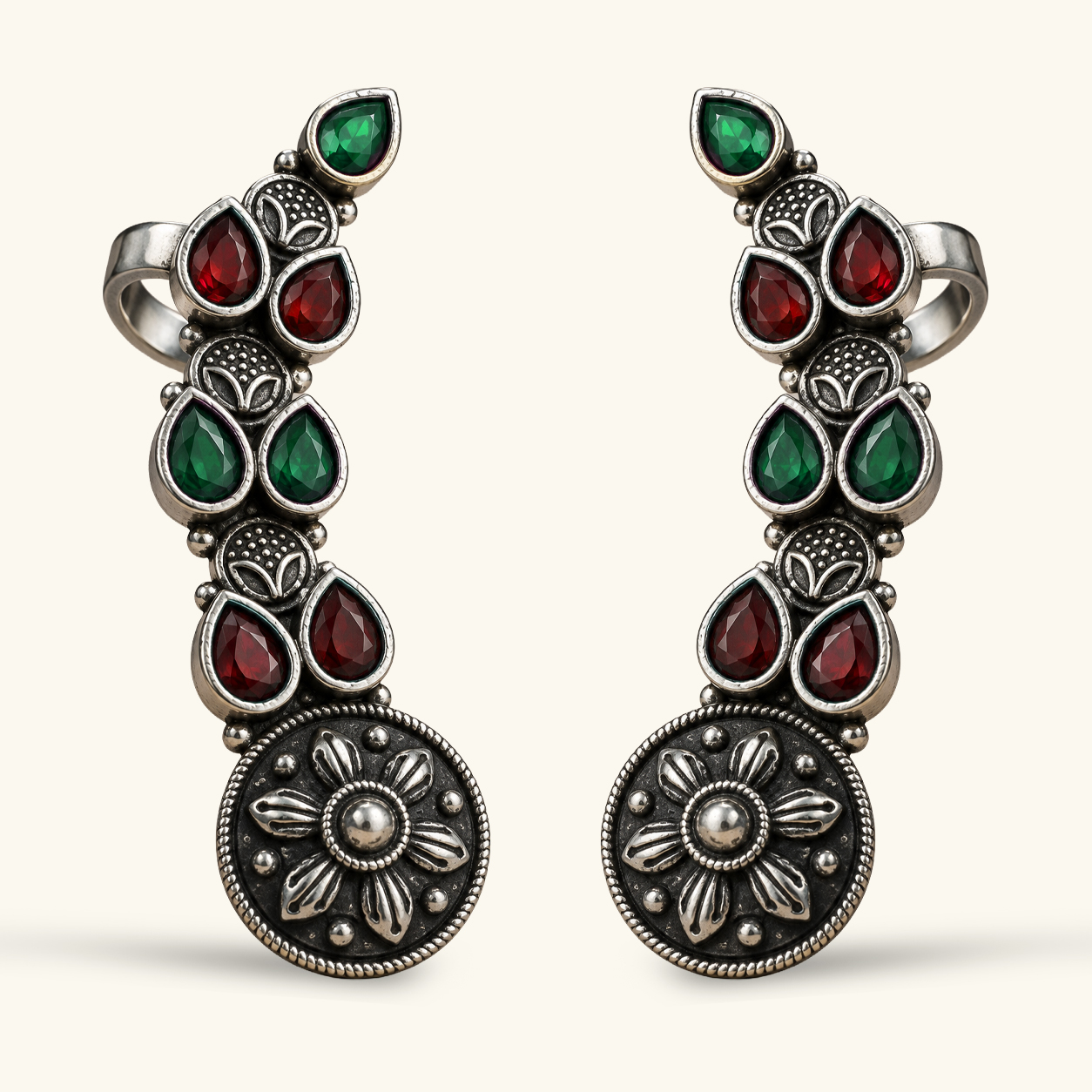 Mandala Blossom Ruby and Emerald Ear Cuffs - Image 4