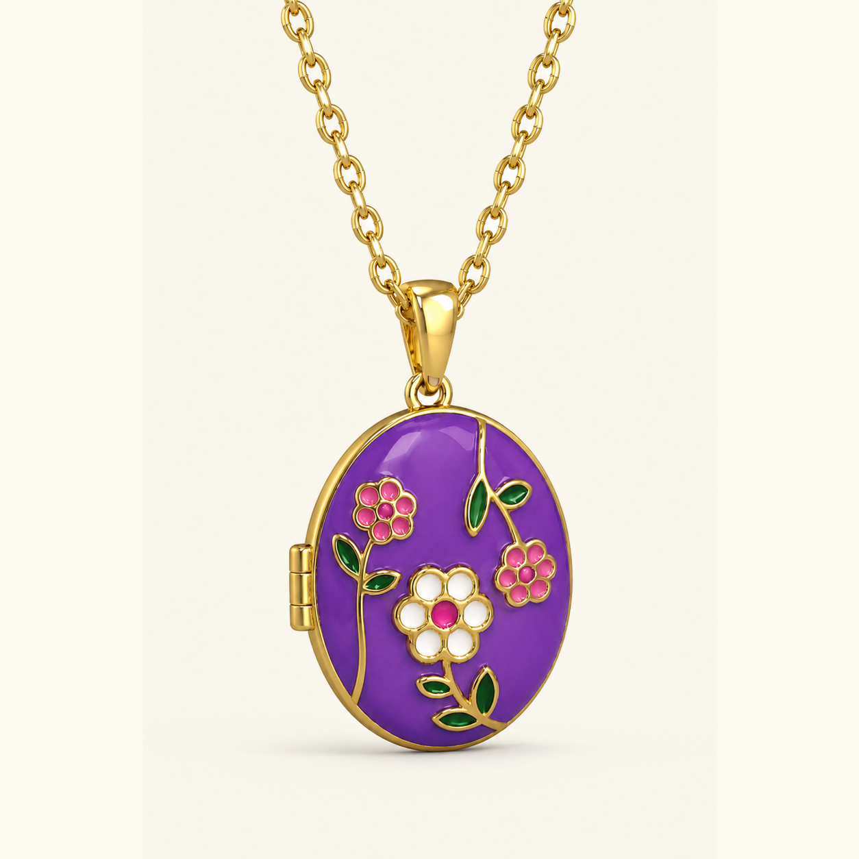 Vintage Meadow Purple Enamel Locket Necklace - Image 4