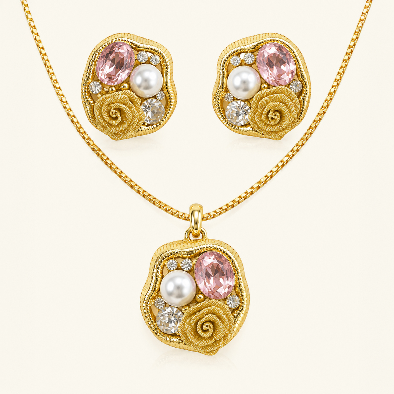 Gilded Baroque Rose Pendant and Ear Cuff Jewelry Set - Image 4