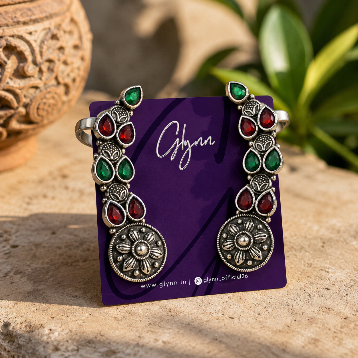 Mandala Blossom Ruby and Emerald Ear Cuffs - Image 3