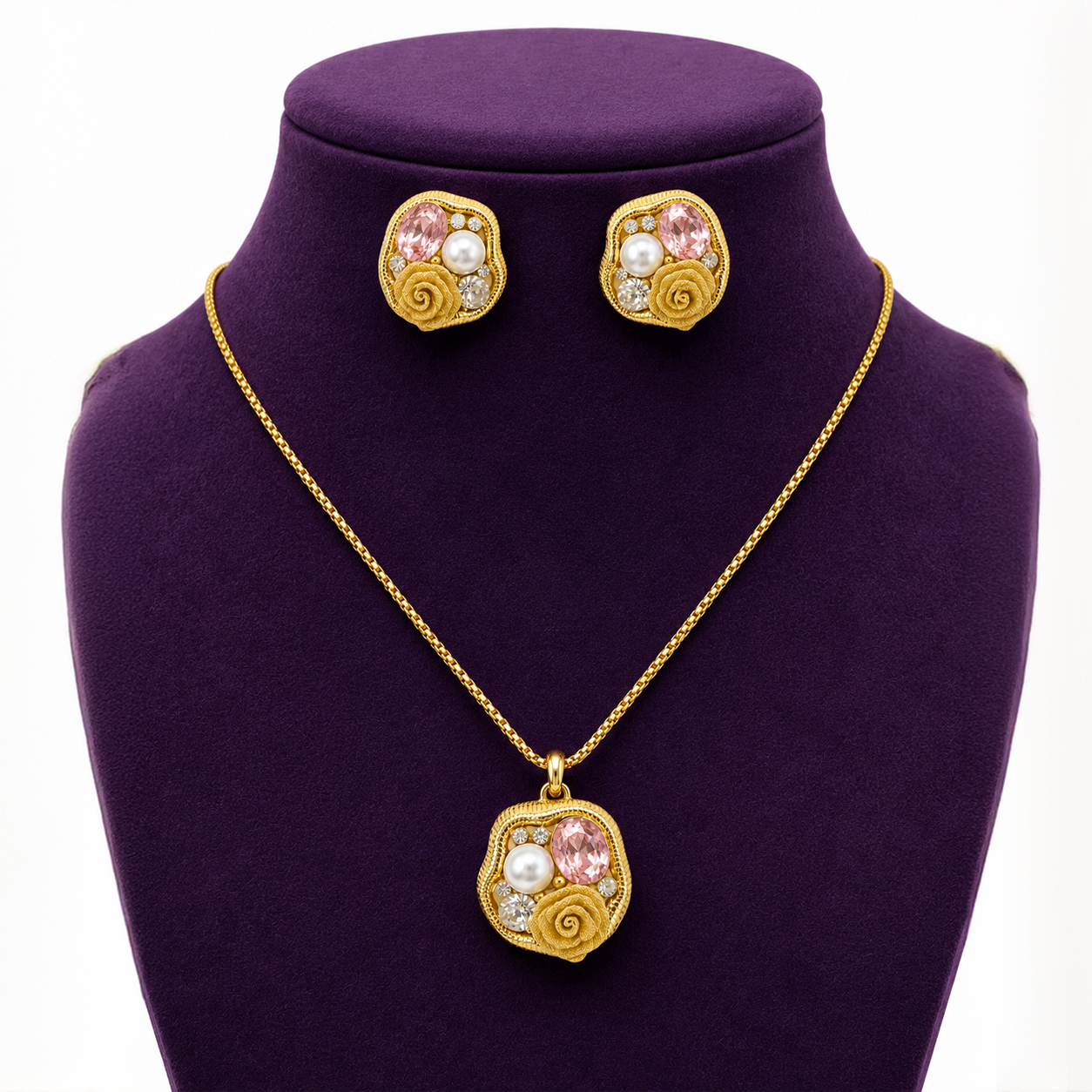 Gilded Baroque Rose Pendant and Ear Cuff Jewelry Set - Image 3