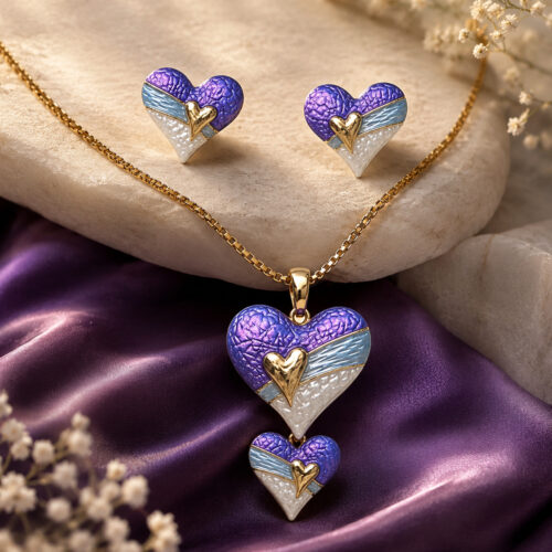 Mosaic Heart Pendant and Ear Cuff Jewelry Set