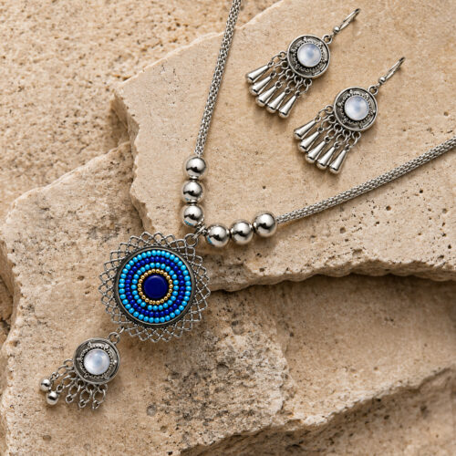 Vintage Tribal Beaded Mandala Pendant and Earring Set