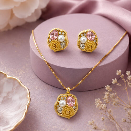 Gilded Baroque Rose Pendant and Ear Cuff Jewelry Set