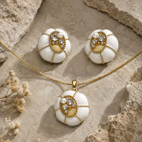 Gilded Baroque White Enamel Pendant and Ear Cuff Jewelry Set