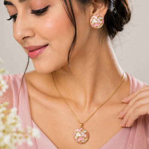 Gilded Mosaic Pastel Pink Pendant and Ear Cuff Jewelry Set
