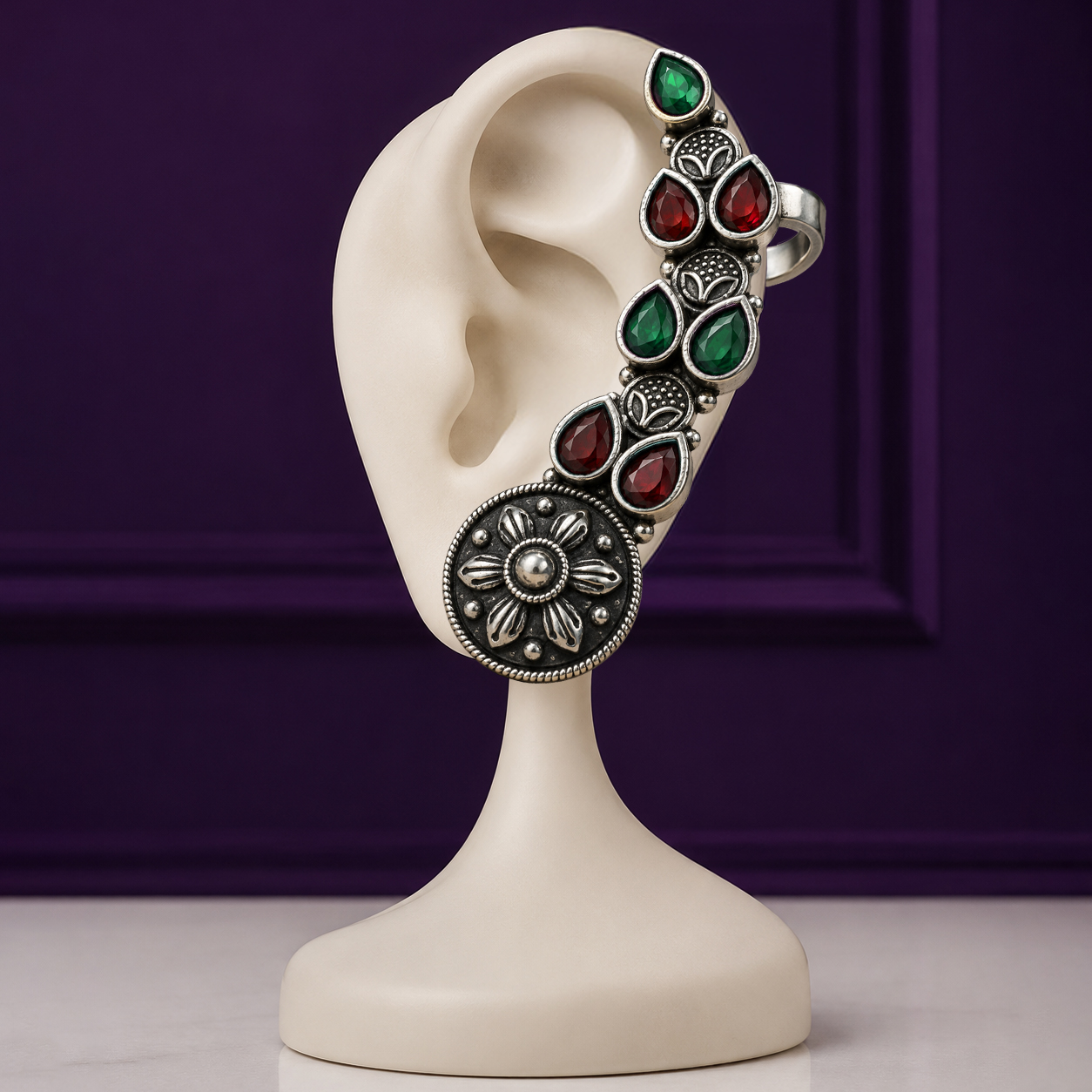 Mandala Blossom Ruby and Emerald Ear Cuffs - Image 2
